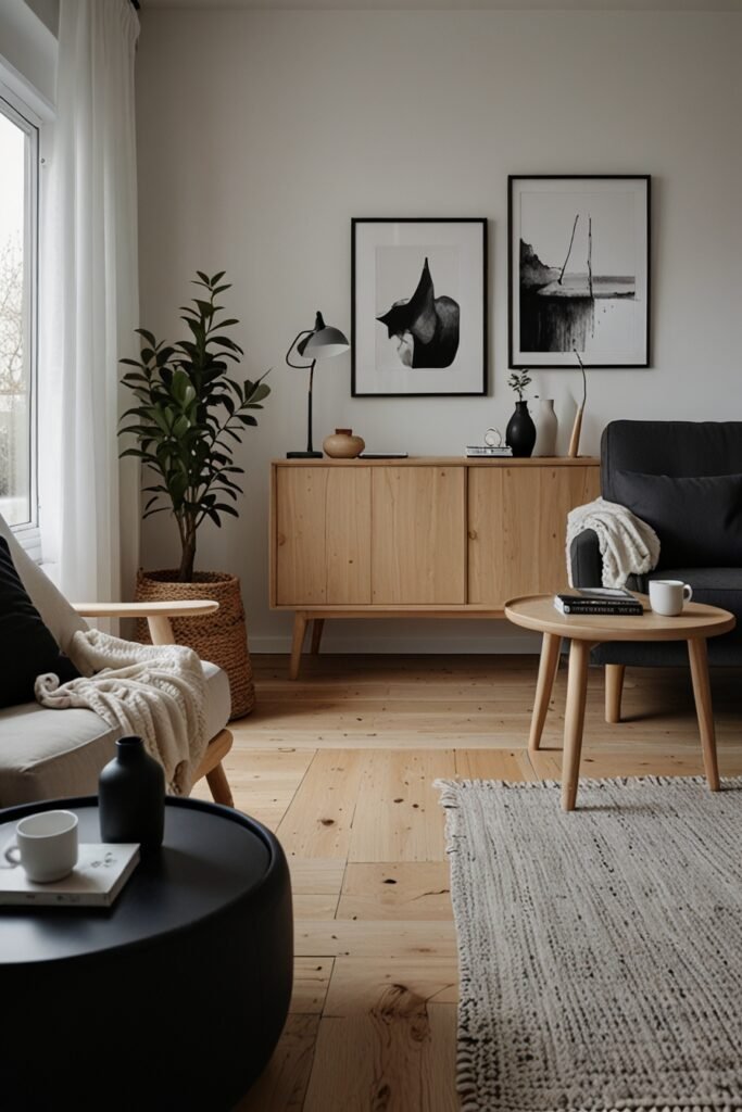 Living room with light wood furniture, white walls, and black accents 