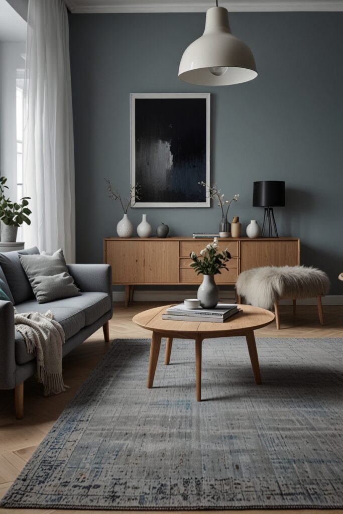 Living room with muted blue accents and light gray walls, offering a cool, serene vibe.