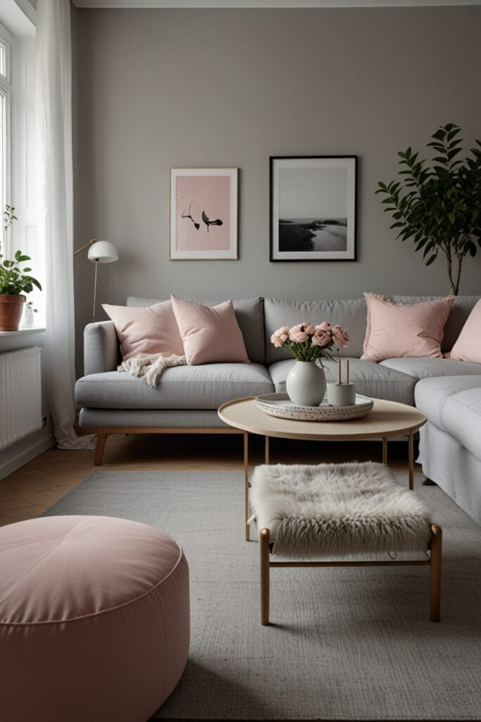 soft pink accents and light gray walls, creating a gentle and minimalist Scandinavian vibe.