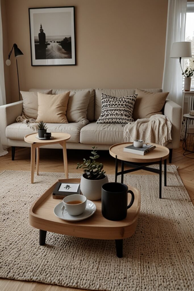 Living room with warm neutral walls and black accents, adding a stylish, minimalist Scandinavian vibe.