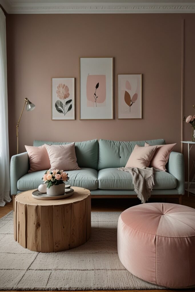 Scandinavian living room with warm taupe walls and soft pastel accents, creating a cozy and bright atmosphere.