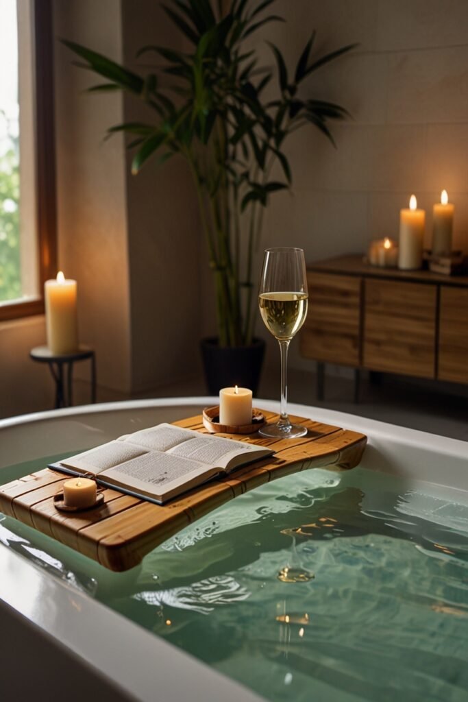 Bamboo bath tray with wine, candles, and a book on a bathtub.