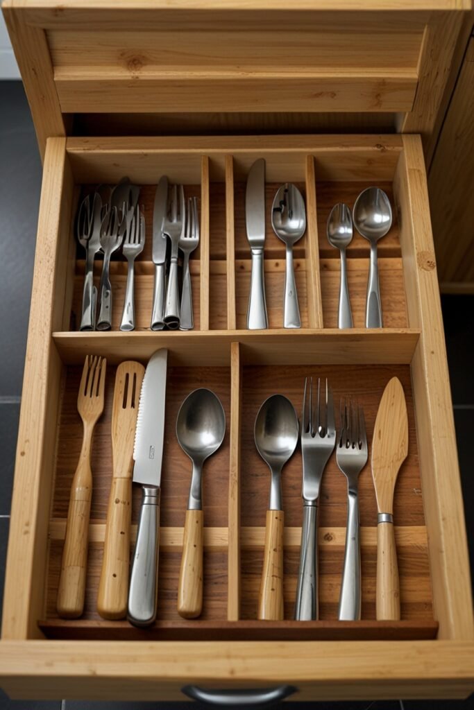 Bamboo drawer organizer with neatly arranged cutlery in a kitchen.