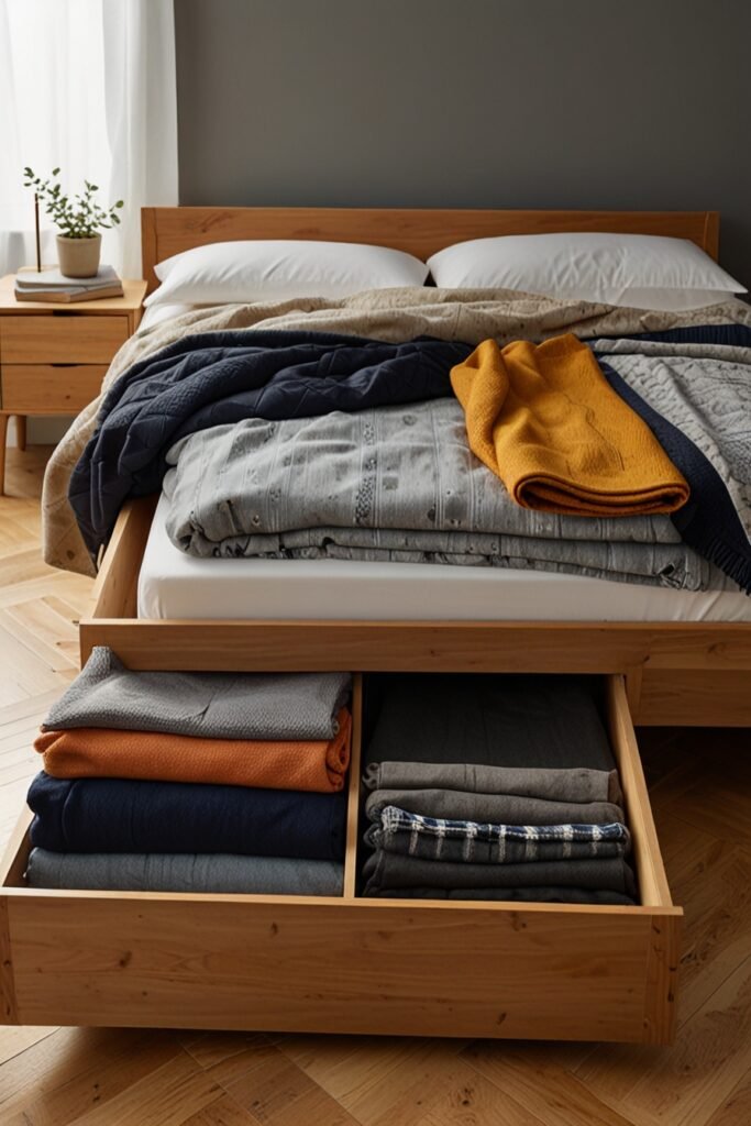 Bed with hidden storage drawers underneath, containing extra bedding and clothes.