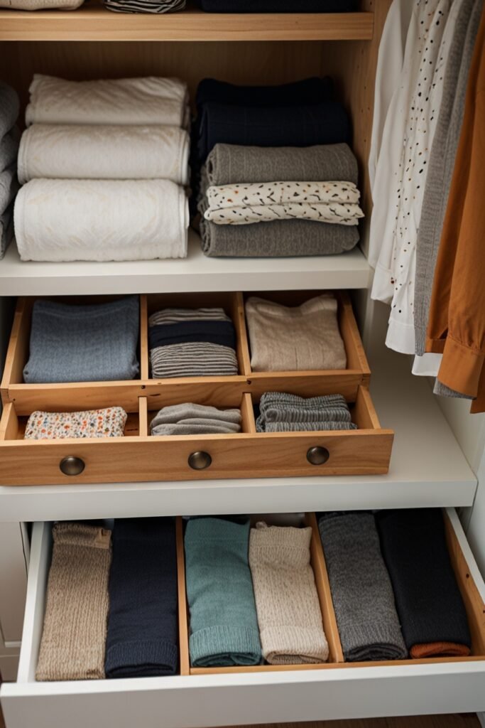 Neatly organized drawers with inserts holding socks and accessories.