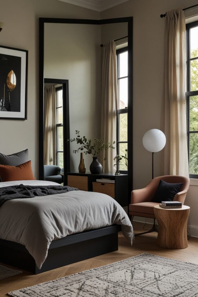 A bedroom with a full-length mirror leaning against the wall, adding style and functionality.