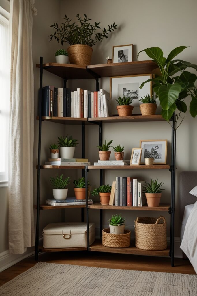 Corner shelving unit in a bedroom holding books and decorative plants.