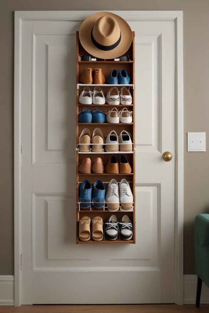 Over-the-door storage organizer hanging on a bedroom door, filled with accessories.