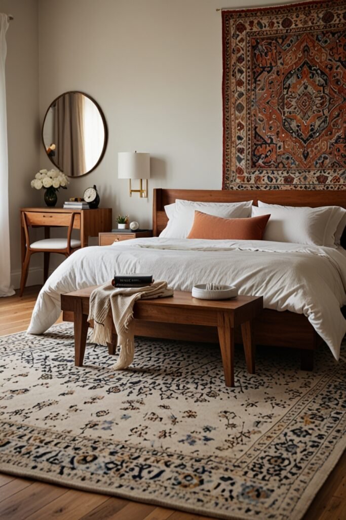 A bedroom with a bold-patterned area rug under the bed, adding texture and style.