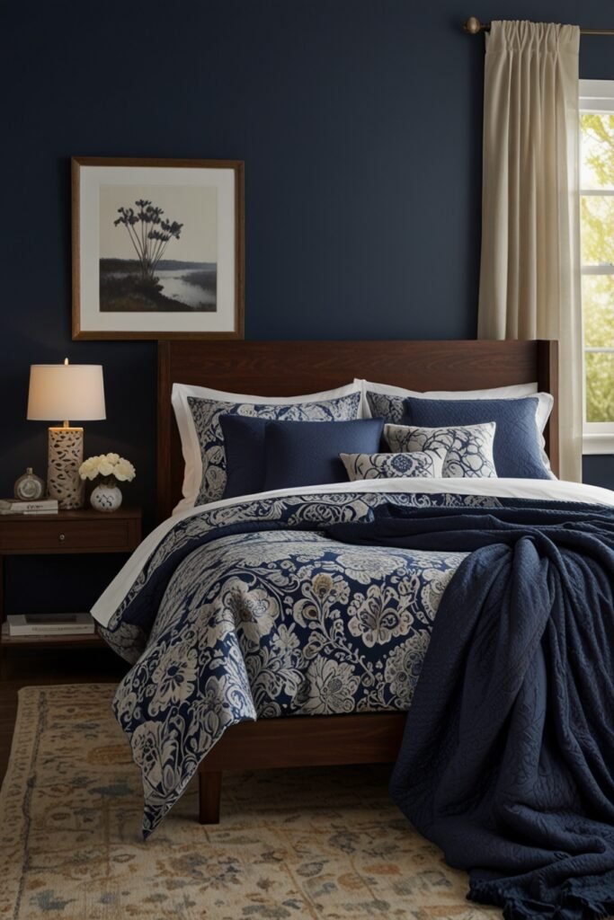 A stylish bedroom with a bold blue accent wall and coordinating decor.
