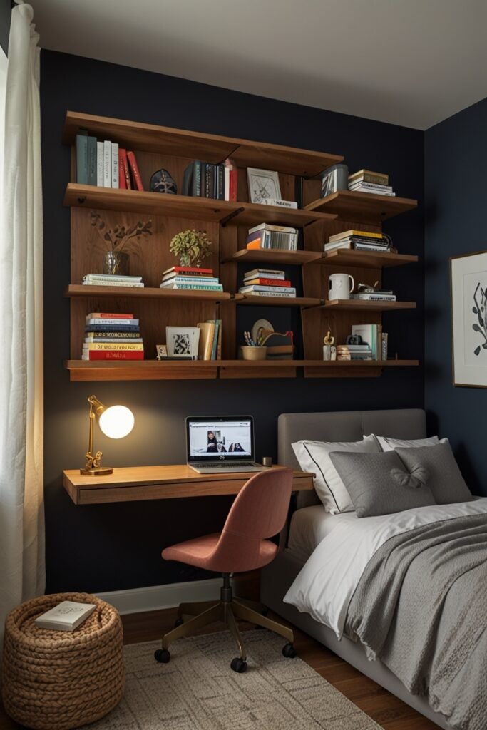Compact floating desk in a bedroom with storage shelves underneath.
