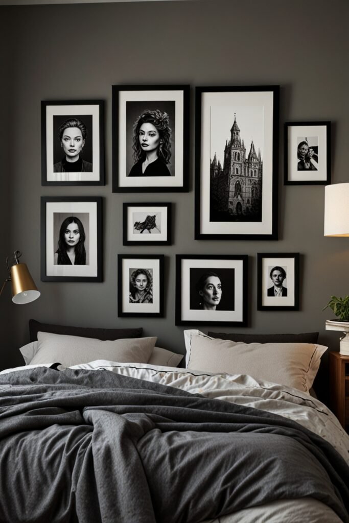 A stylish gallery wall with framed art prints and photos in a cozy bedroom.