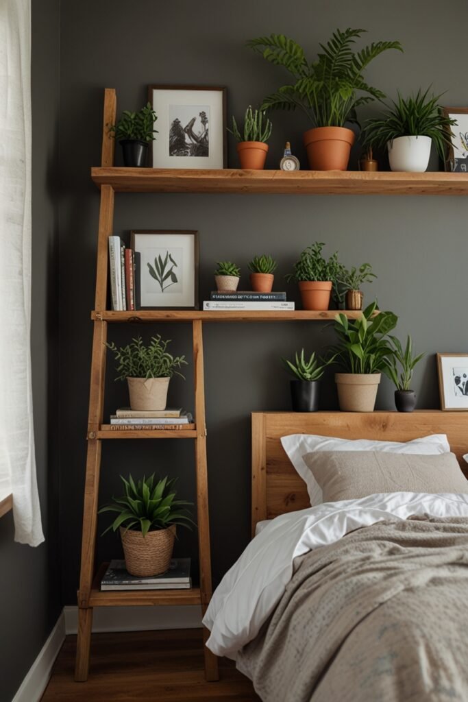 Stylish ladder shelf in a bedroom with books and plants stored on it.