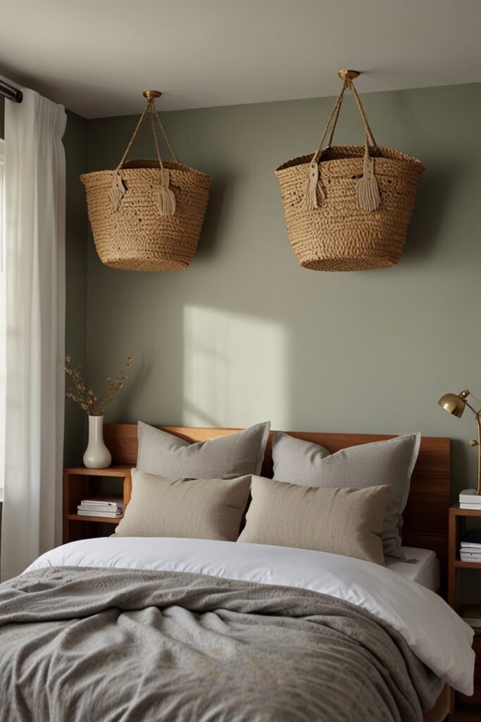 Ceiling-mounted storage baskets in a bedroom, filled with bags and hats.