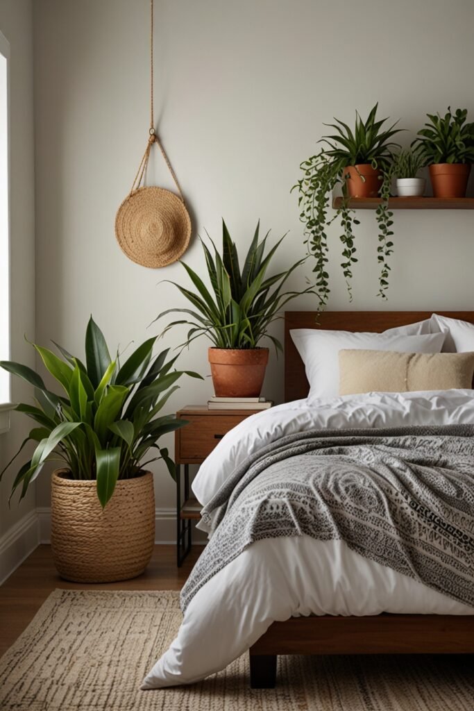 A cozy bedroom with indoor plants adding a fresh and natural touch.