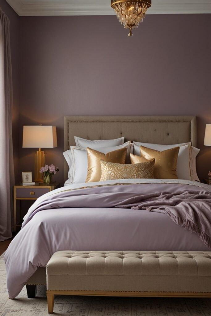 A calming bedroom with soft lavender walls, white bedding, and gold accents for a stylish look.