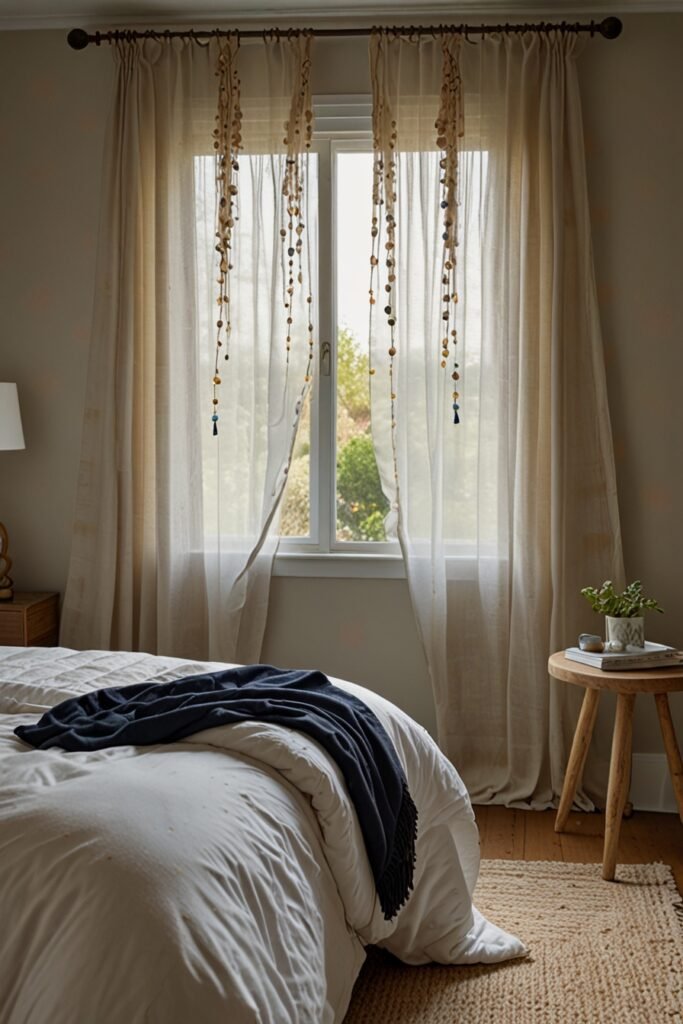 Bedroom curtains with creative rope and bead tiebacks, creating a soft and stylish look.