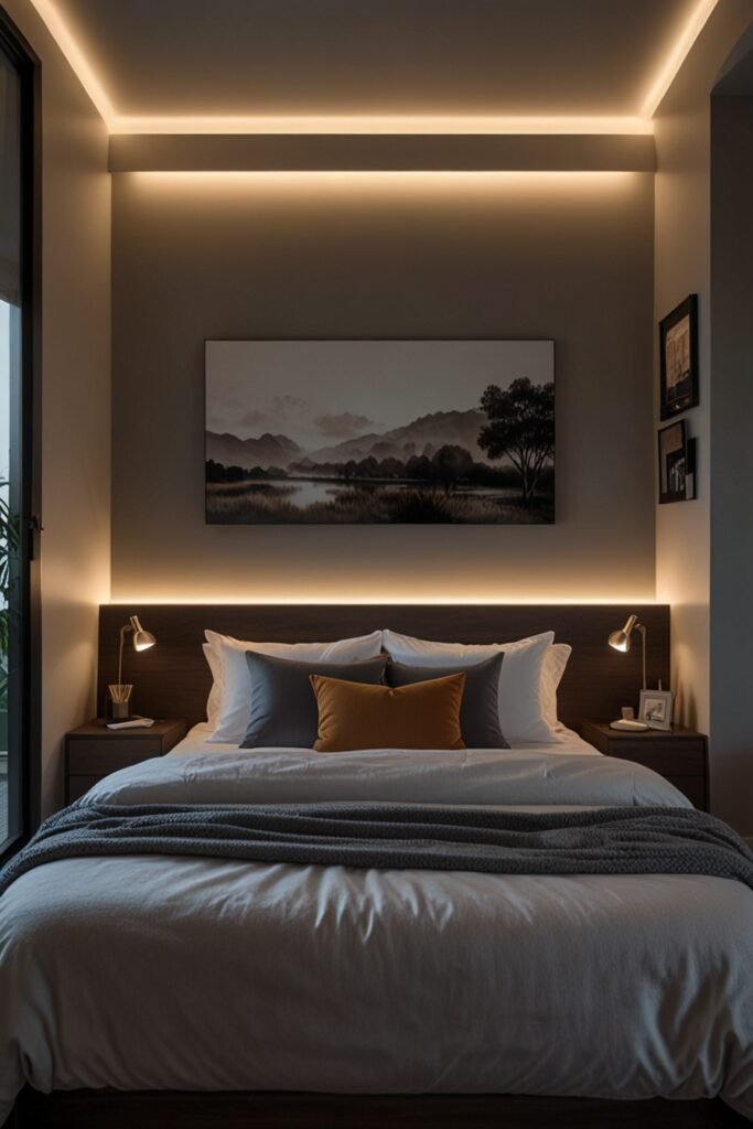 A bedroom with LED lights creating a soft, relaxing glow around the room.