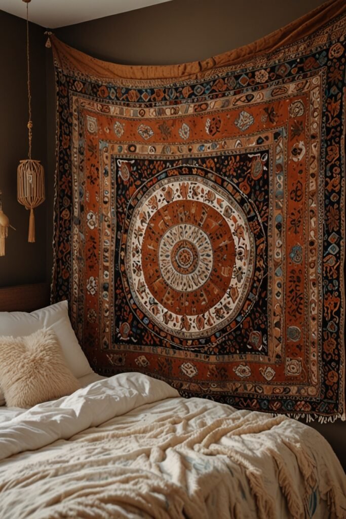 Boho wall art tapestry with vibrant patterns in a bedroom.