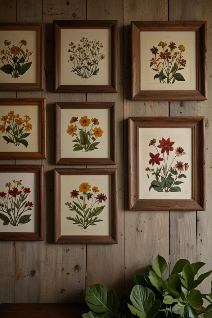DIY botanical prints framed as cabin decor accents.