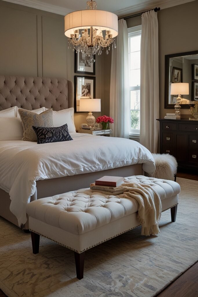Bedroom with a tufted storage bench at the foot of the bed.