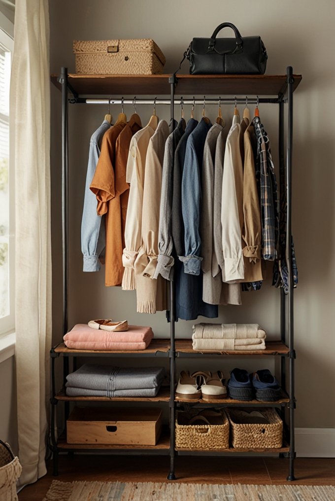 Clothes rack with shelves in a bedroom for efficient home storage.
