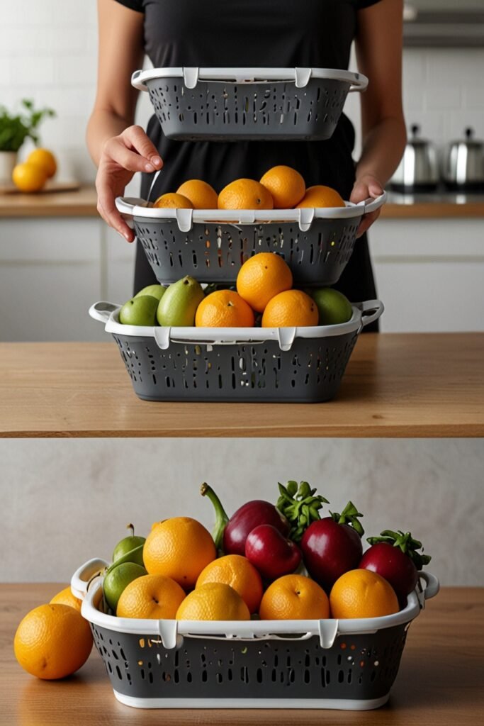 Collapsible kitchen storage basket with fruits and vegetables.