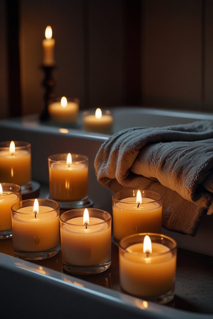 Scented candles around a bathtub for a calming ambiance.