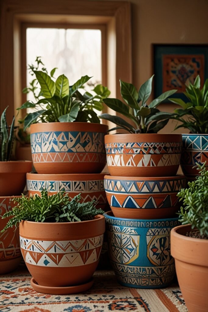 Hand-painted terracotta pots with colorful patterns and plants, adding a boho touch to the living room.