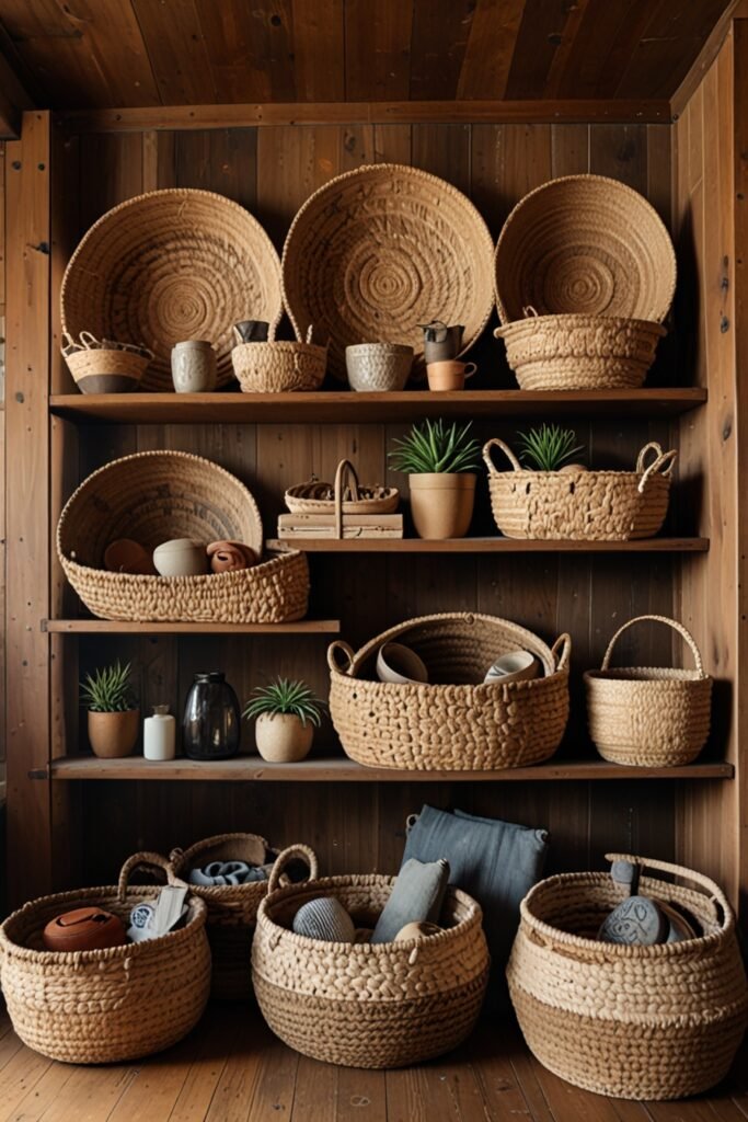 DIY cabin decor with woven baskets for storage and style.