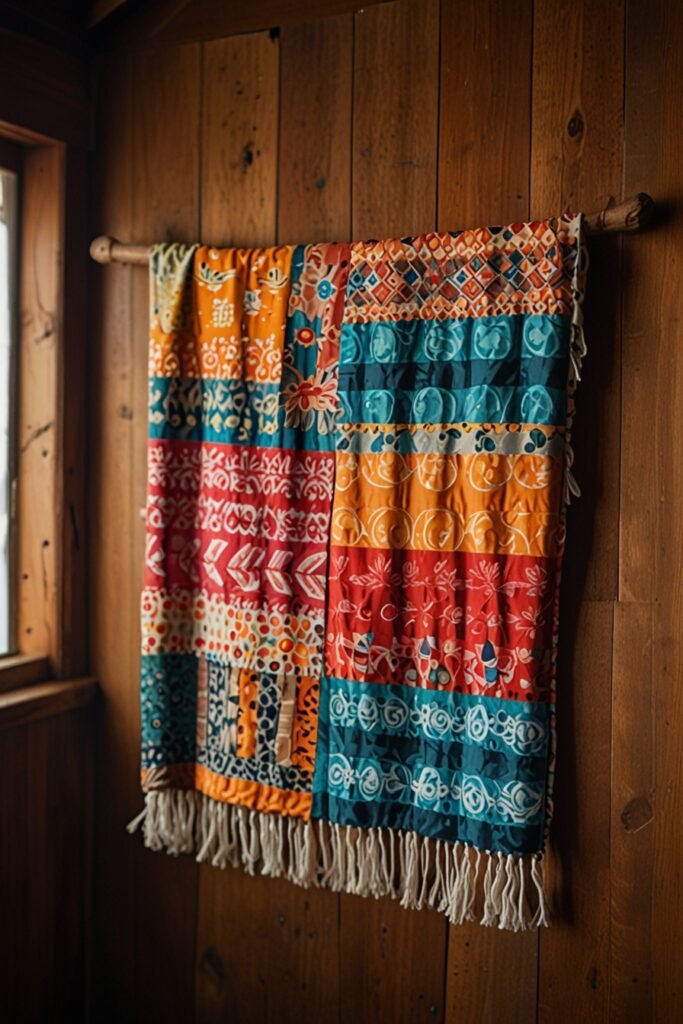 Budget-friendly fabric wall hanging DIY project for cabin decor.