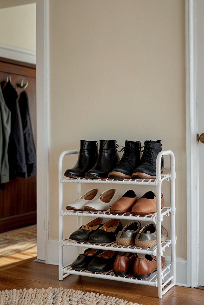 Compact shoe rack organizing shoes in a small entryway.