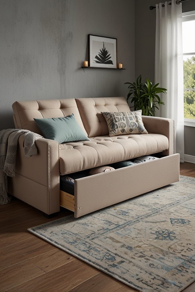 Storage sofa with hidden compartments in a living room.