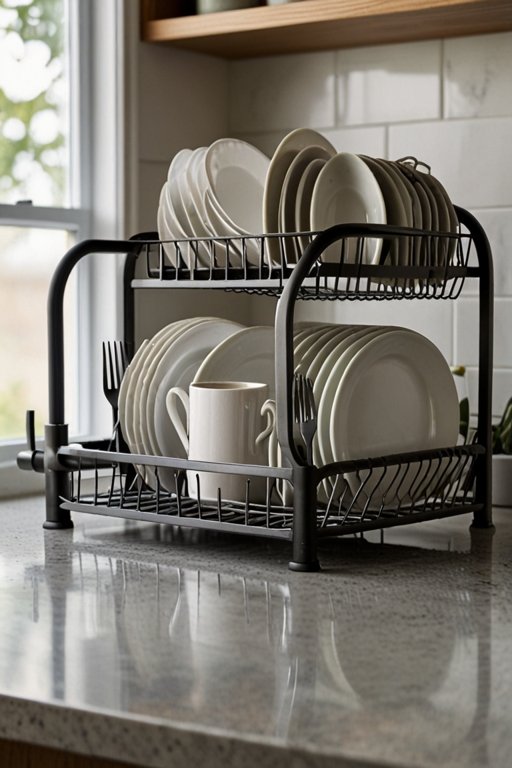 Countertop dish rack with drying plates and glasses on a drip tray.