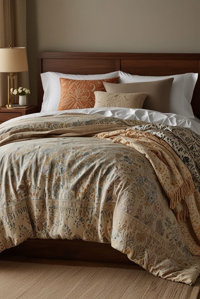 A well-styled bed with layered bedding, throw pillows, and a cozy blanket.