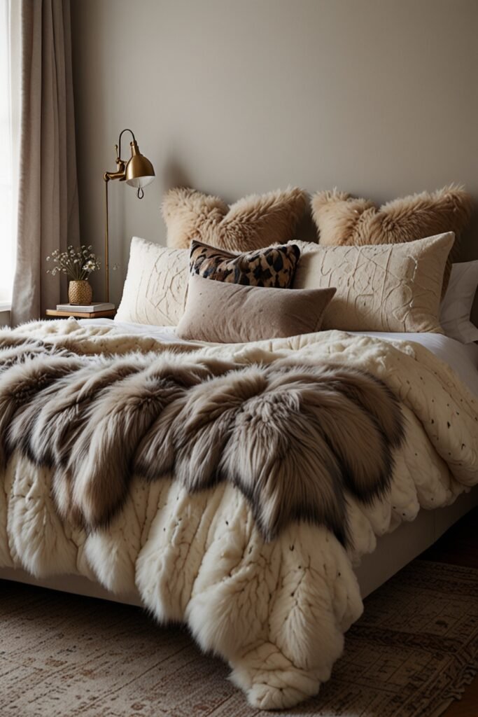 A bedroom bed styled with a faux fur throw and decorative cushions for added warmth and texture.