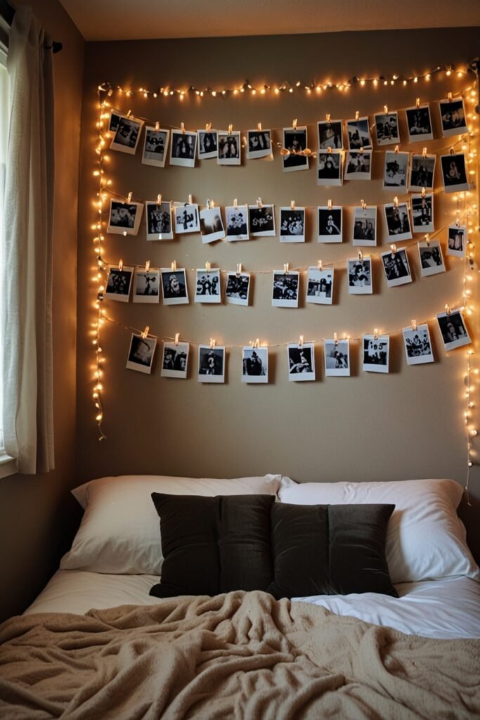 A DIY photo garland with pictures and quotes, adding a personal touch to a bedroom.