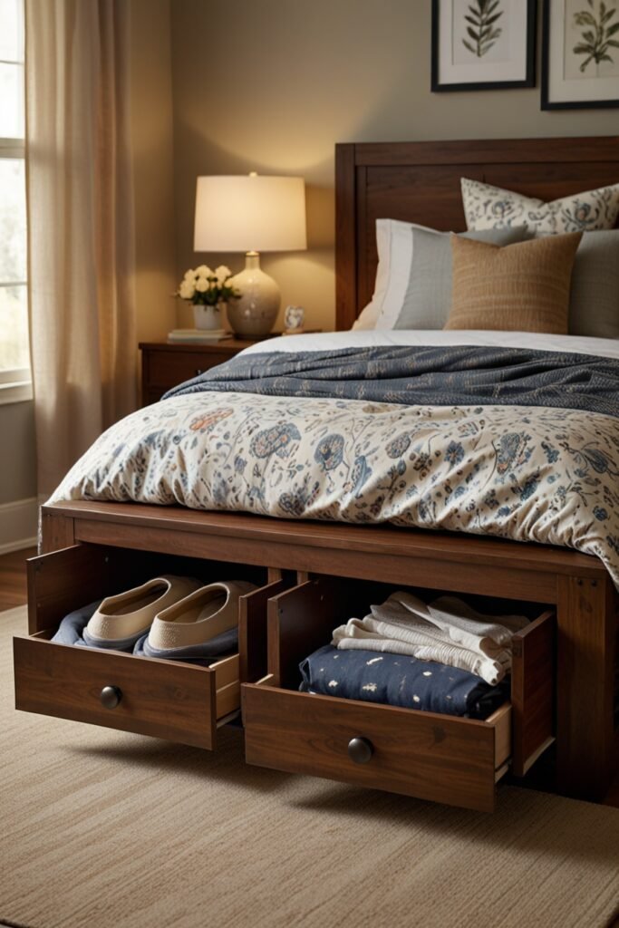 A bedroom with under-bed storage drawers holding bedding and clothes.