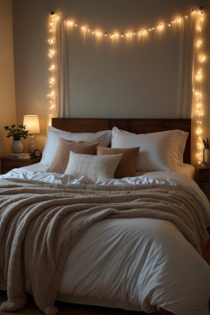 A bedroom with string lights hanging around the headboard and walls, creating a dreamy ambiance.