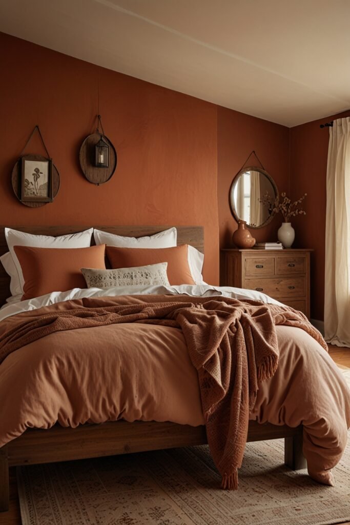 A bedroom featuring terracotta walls and wooden furniture for an earthy and cozy feel.