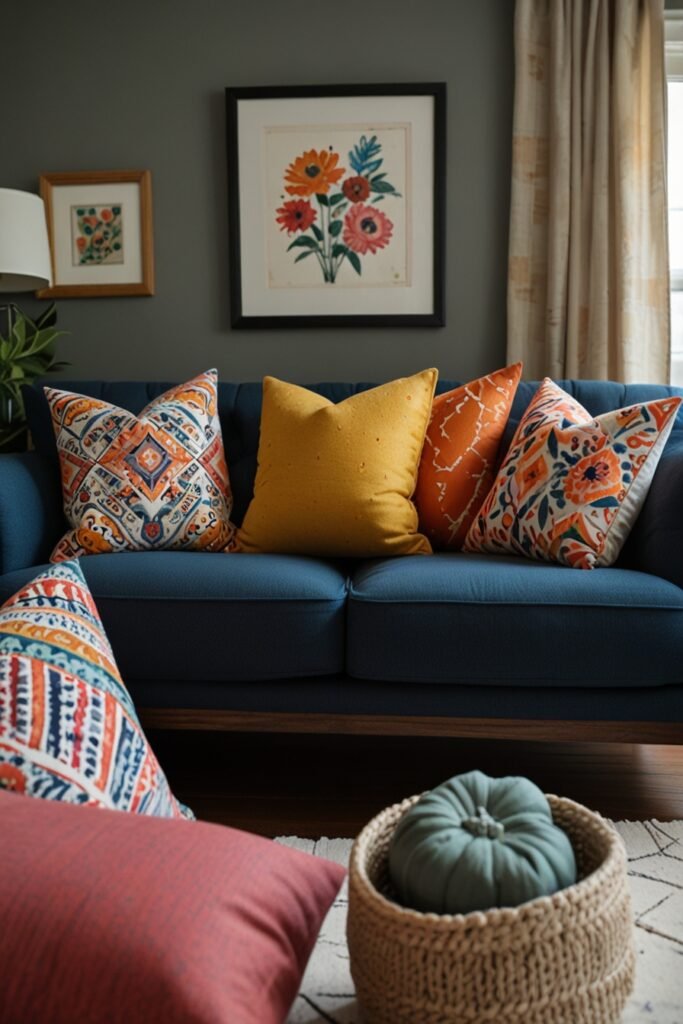 DIY throw pillows with bright colors and patterns, adding comfort and style to the living room.