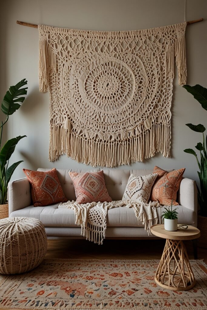 Macramé wall hanging in a living room, adding boho charm and texture to the space.