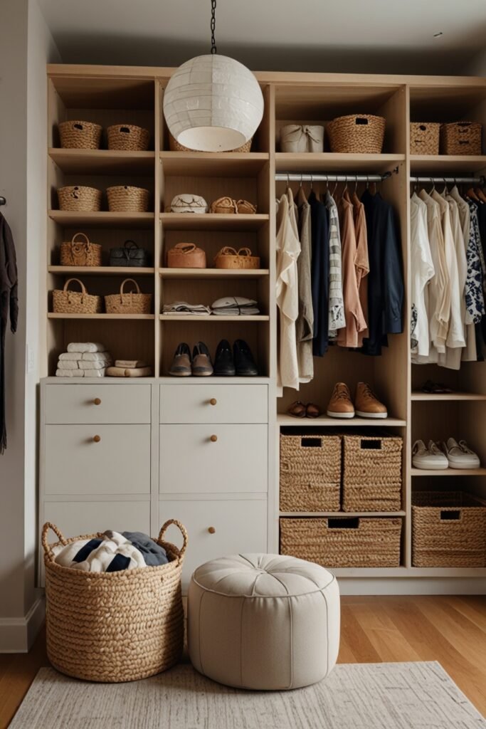 Built-in closet with shelves, hanging rods, and storage baskets in a bedroom.
