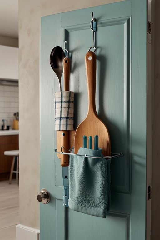 Over-the-door storage hooks holding kitchen towels and utensils.