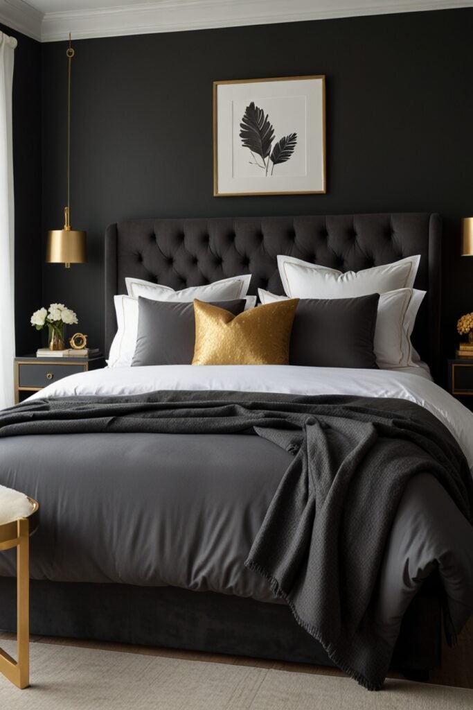 A stylish bedroom with charcoal gray walls and gold accents for a dramatic and elegant feel.