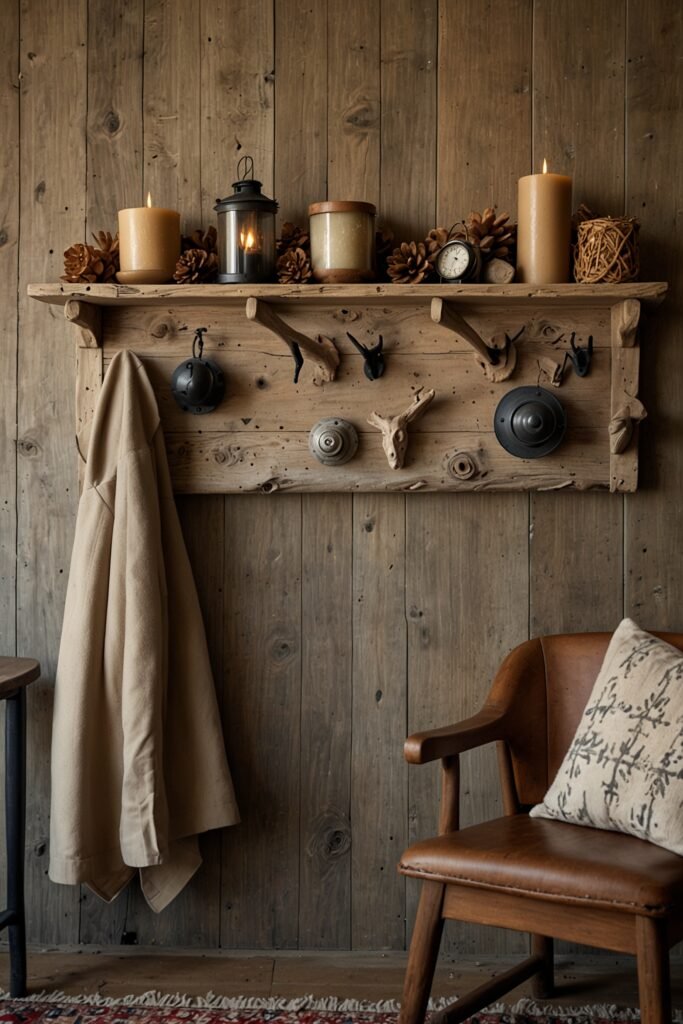 DIY cabin decor project with a driftwood coat rack.