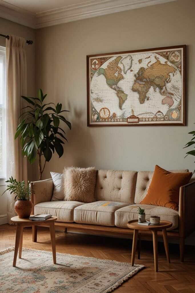 Vintage world map framed on a living room wall.