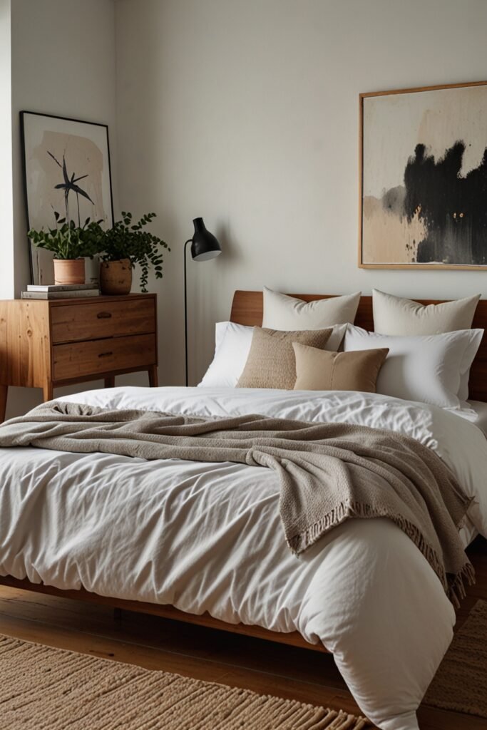 white walls and wooden furniture for a simple, fresh look.