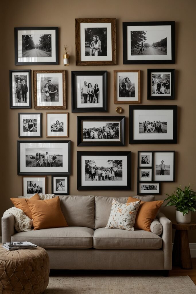 Gallery wall of framed family photos on a living room wall.