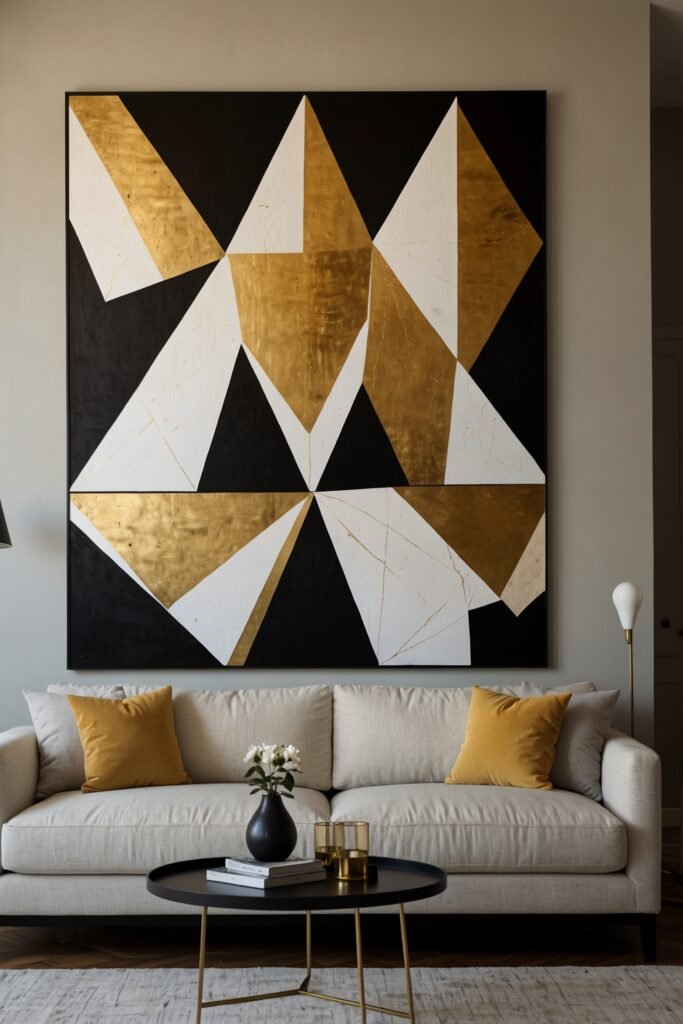 Geometric wall art with triangles and squares in a modern living room.